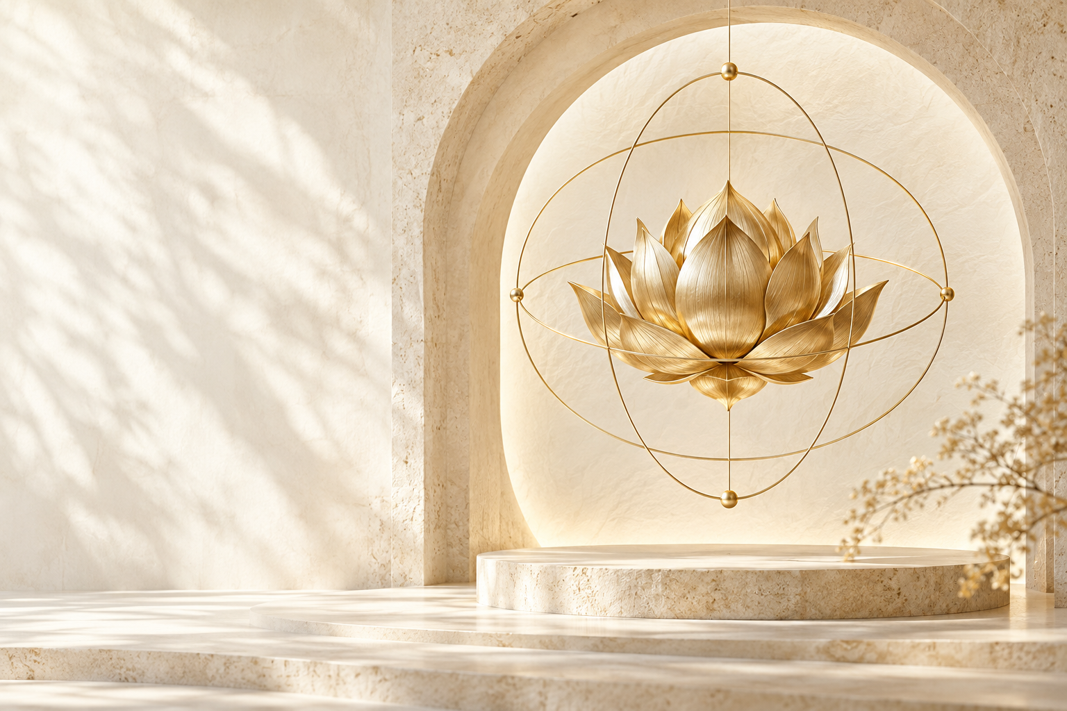 A golden lotus suspended within delicate orbital circles in an ivory stone sanctuary